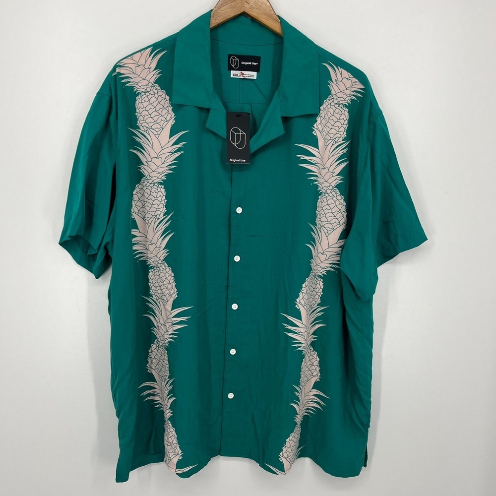 Original Use Short Sleeve Button Shirt Men's 2XL‎ Green Pineapple Print Hawaiian
